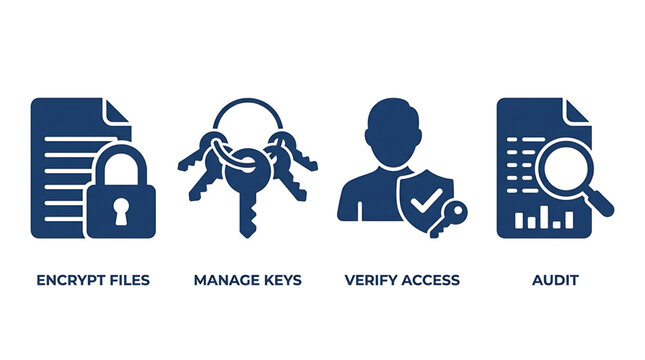 Security icons illustrate encrypting files, managing keys, verifying access, and auditing with padlock, keys, user, and magnifying glass symbols.