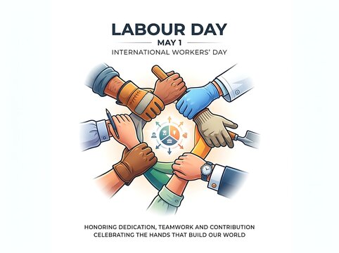 Labour day illustration with diverse hands joining together in unity