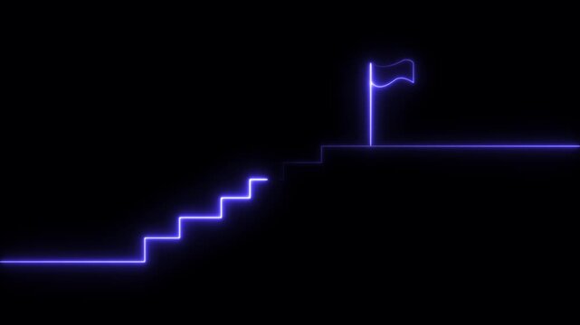 A glowing purple neon outline of a staircase leading up to a small flag on a flat platform against a solid black background representing achievement