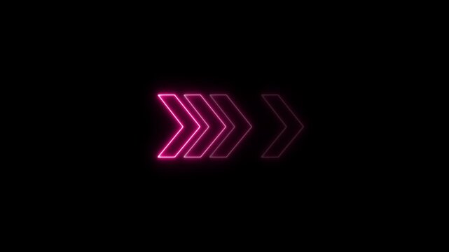 A series of five glowing pink neon chevron arrows pointing to the right on a solid black background representing motion direction and progress