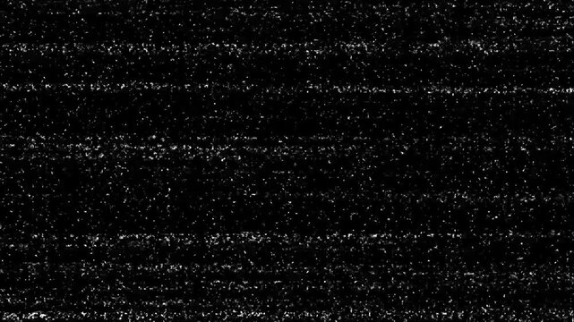 Black and white television static noise texture with horizontal scan lines and grain overlay for effects and retro broadcast signal interference