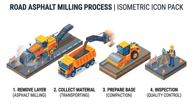 Construction workers operate heavy machinery for asphalt milling process on a road