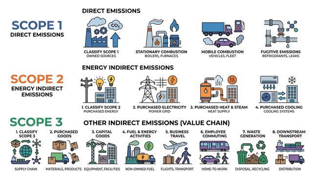 Carbon emission scopes illustrated through various industrial and environmental icons
