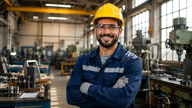 Smiling portrait of a male supervisor standing in warehouse with his arm crossed looking at camera