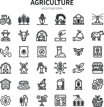 Agriculture icons set with 36 outline illustrations for farming and cultivation
