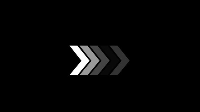 Set of five grey arrows pointing to the right with a gradient fade effect on a solid black background for navigation and direction indicators