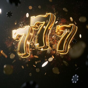 Hyper realistic three golden lucky number sevens floating in dramatic dark space