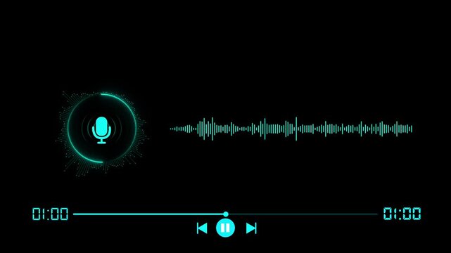 Cyan blue glowing circular audio waveform visualization with a central microphone and linear sound wave on a black background