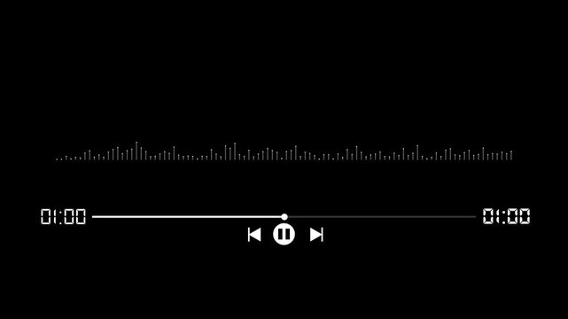 White digital audio player interface with a frequency waveform progress bar and playback controls on a plain black background for media software