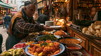 Obraz premium Explore Exotic Spices and Vibrant Atmosphere at a Moroccan Street Food Stall: A Culinary Journey through Traditional Local Cuisine