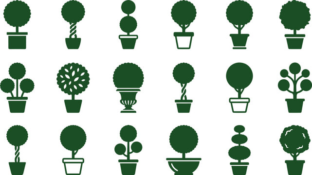 Set of potted topiary tree silhouettes for garden decoration.