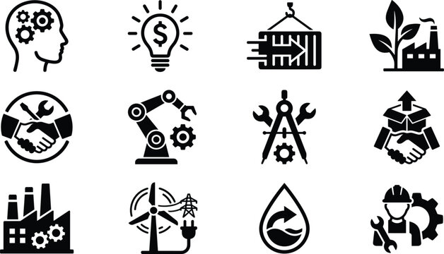 Set of black industrial and business technology vector icons.