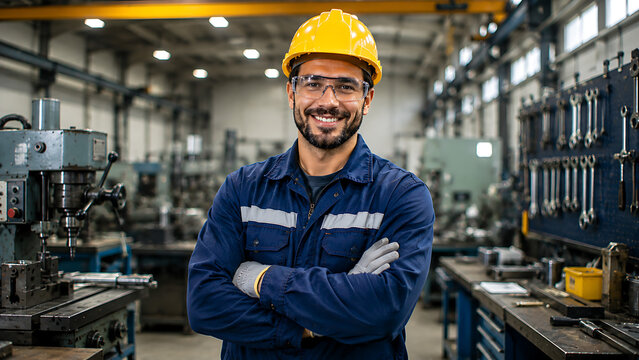 Smiling portrait of a male supervisor standing in warehouse with his arm crossed looking at camera