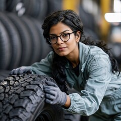 Obraz premium Young female auto mechanic leaning on a tire in a garage setting for automotive promotional banner and workshop background
