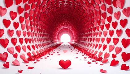 Fototapeta premium Romantic red heart tunnel with swirling hearts leading to glowing light center, valentine love path 3D render design