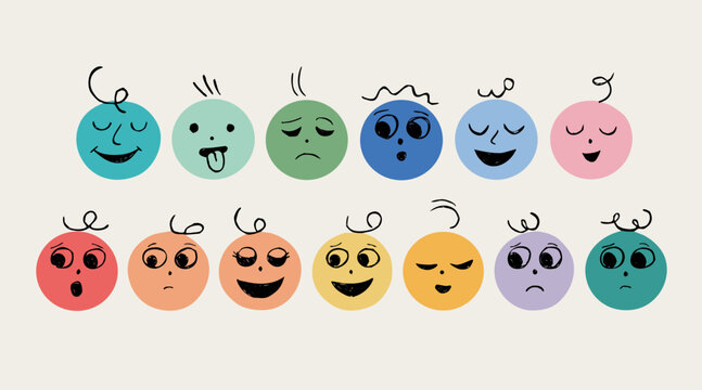 Collection of diverse cartoon faces showing various emotions against a neutral background
