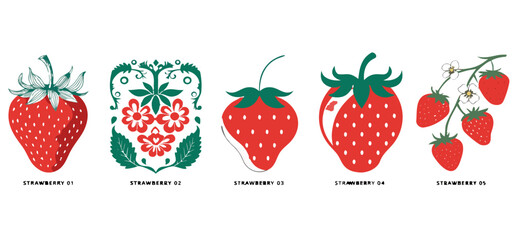 Five stylized strawberries in a row with decorative elements and a berry branch for food and beverage branding ©  Sifat Visuals