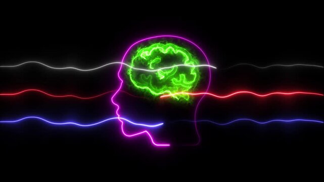 Glowing neon human head silhouette with a bright green brain and colorful horizontal light waves on a dark black background for science concepts