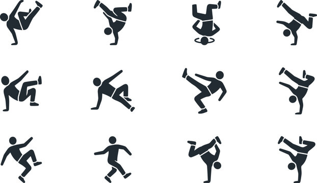 Set of twelve black icons depicting various hip hop breakdancing moves.