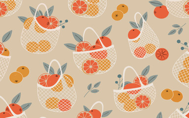 Fresh grapefruits and oranges in reusable net bags during summer harvest with a simple pattern ©  Sifat Visuals