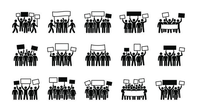 Set of stick figure icons depicting groups of protesters holding signs and banners.
