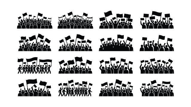 Set of black silhouettes representing crowds of protesters with flags and banners.