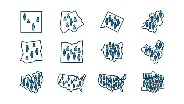 Set of sketch style map icons representing population density and demographic statistics.