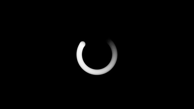 White circular loading spinner animation on a solid black background representing a process in progress or waiting for data to load on screen