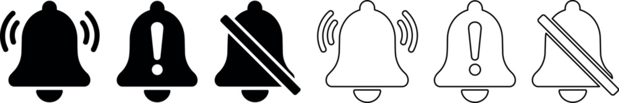 Notification bell icons set showing alert, silent, and ringing states