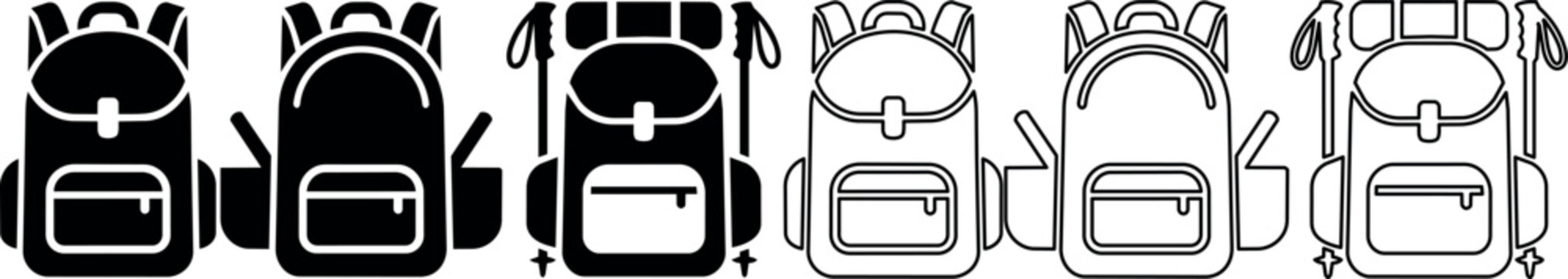 Hiking backpack set in solid and outline styles with trekking poles