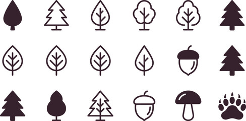 Set of minimalist vector icons featuring various trees leaves acorn mushroom and animal paw print. © marion