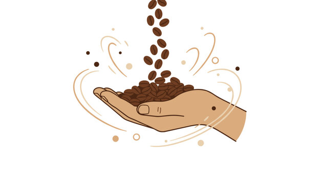 Roasted coffee beans cascade into an open palm with swirling decorative lines on a clean, minimalist, and bright white studio background area.