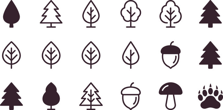 Set of minimalist vector icons featuring various trees leaves acorn mushroom and animal paw print.