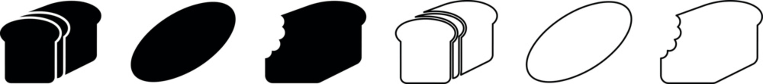 Bread loaf and oval bread slice icons with bite marks in black and outline style