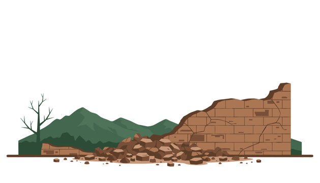 A crumbling brick wall stands before a mountain range with a large pile of scattered stones lying on the ground in the bright foreground area.