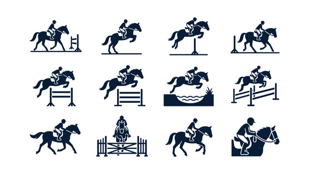 Set of equestrian show jumping icons featuring horse and rider in various athletic poses.