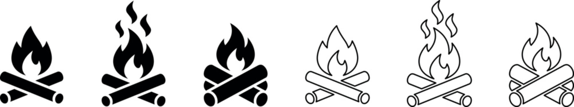 Campfire icons with flames and crossed logs in solid and outline styles