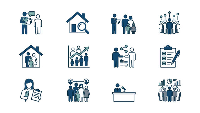 Set of social services and community support icons for human resources and welfare.
