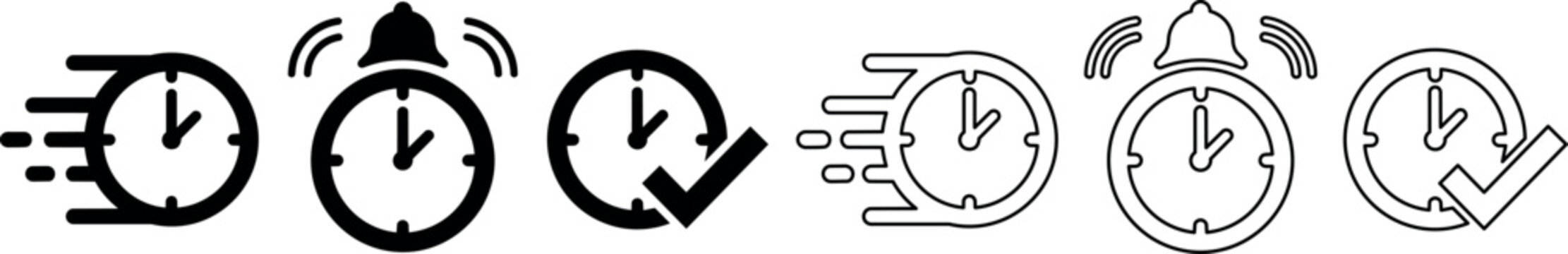 Set of stopwatch icons with speed and notification elements in black and outline styles
