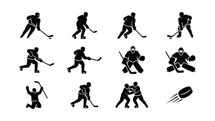 Fototapeta premium Set of ice hockey player silhouettes in various game actions.