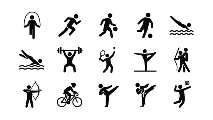 Set of black silhouette sports activity icons representing various physical exercises and athletic disciplines. © tr