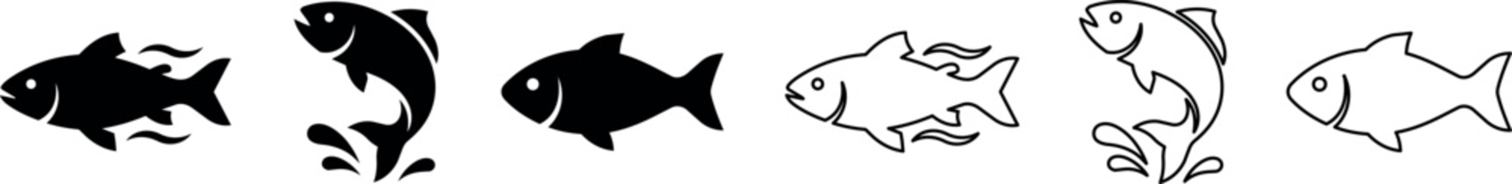 Set of six black and white fish silhouettes in swimming and jumping poses