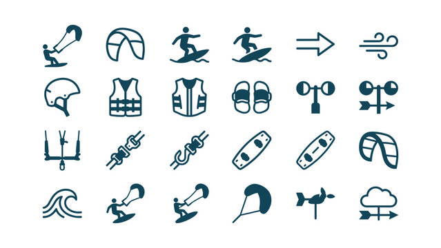 Set of kiteboarding and kitesurfing sport activity icons.