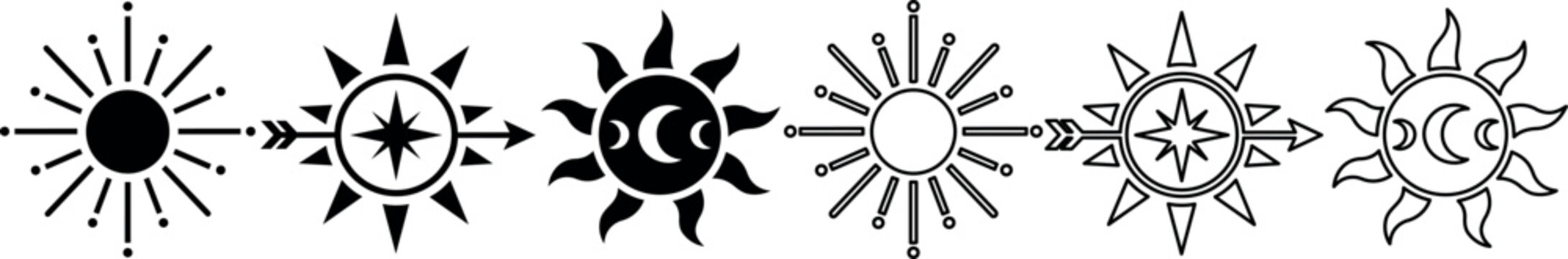 Set of celestial symbols including sun, compass rose, and moon phases icons
