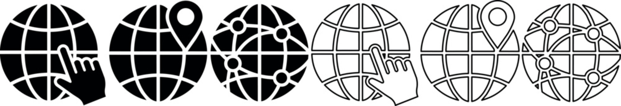 Globe icons with hand pointer, location pin, and network connection symbols