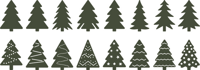 Obraz premium Collection of dark green Christmas tree silhouettes with decorations