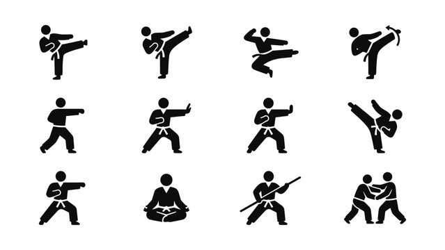 Set of twelve black martial arts icons depicting various karate and judo moves.