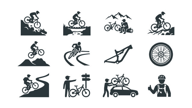Set of mountain biking icons and lifestyle illustrations.