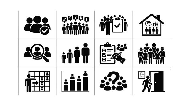 Set of black human resources and team management icons.