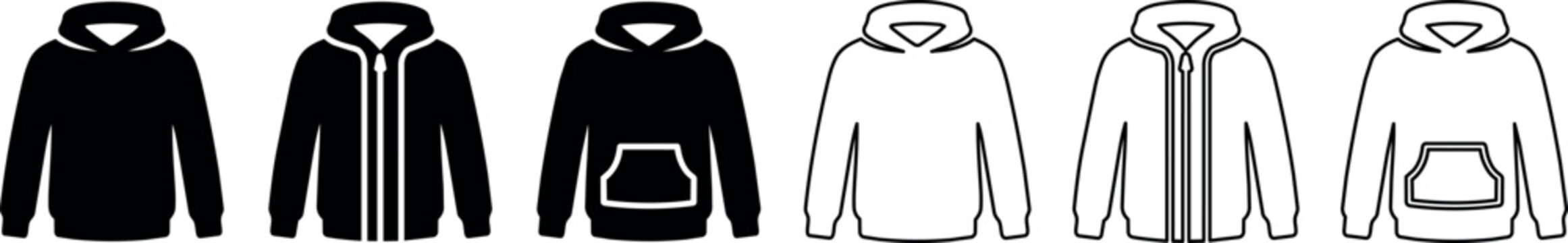 Silhouettes and outlines of hooded sweatshirts with zipper and pocket variations